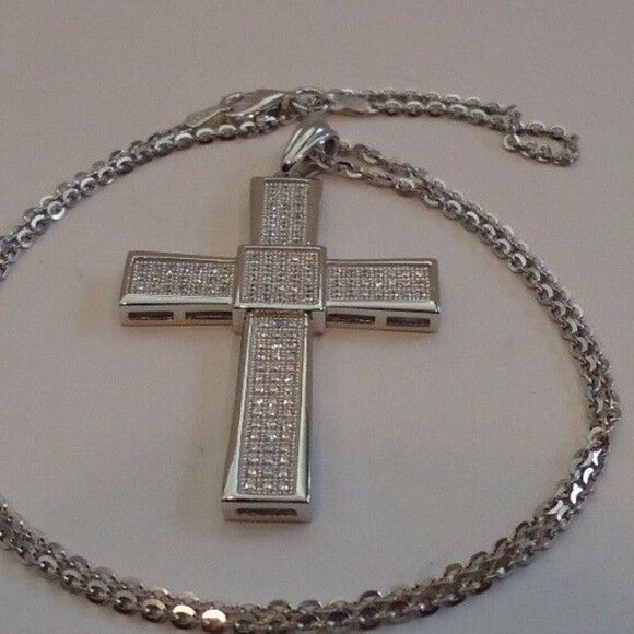 925 STERLING SILVER MICRO PAVE CROSS NECKLACE PENDANT W/ 2 CT LAB DIAMONDS - Picture 7 of 8